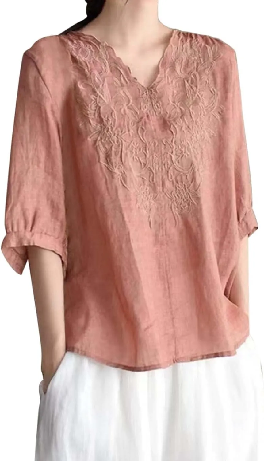 Women's V Neck Bohemian Style Gauze Blouses Shirt Boho Peasant Loose Fit Floral Graphic Embroidered Tunic Summer Tops