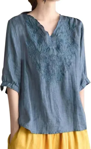 Women's V Neck Bohemian Style Gauze Blouses Shirt Boho Peasant Loose Fit Floral Graphic Embroidered Tunic Summer Tops