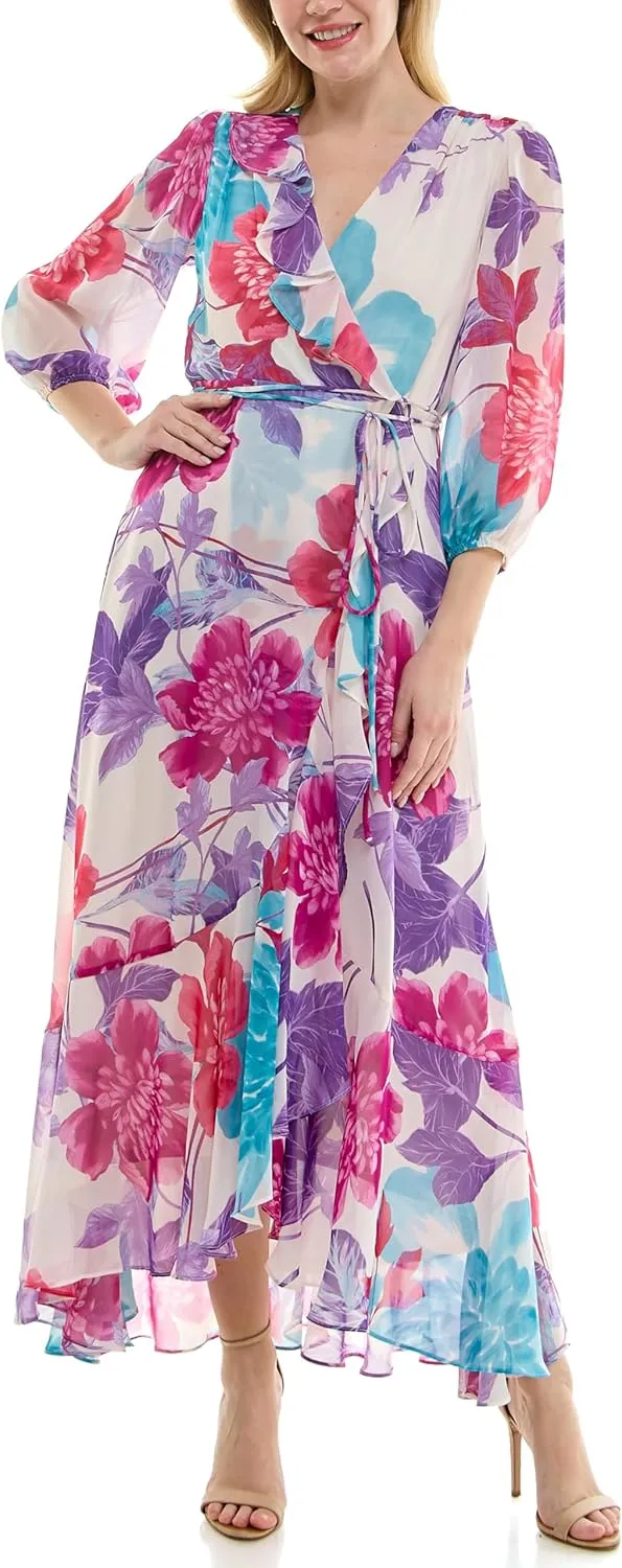 Women's V-Neck Ruffle Faux Wrap Maxi Dress