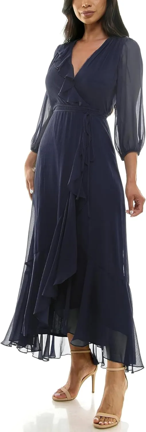 Women's V-Neck Ruffle Faux Wrap Maxi Dress