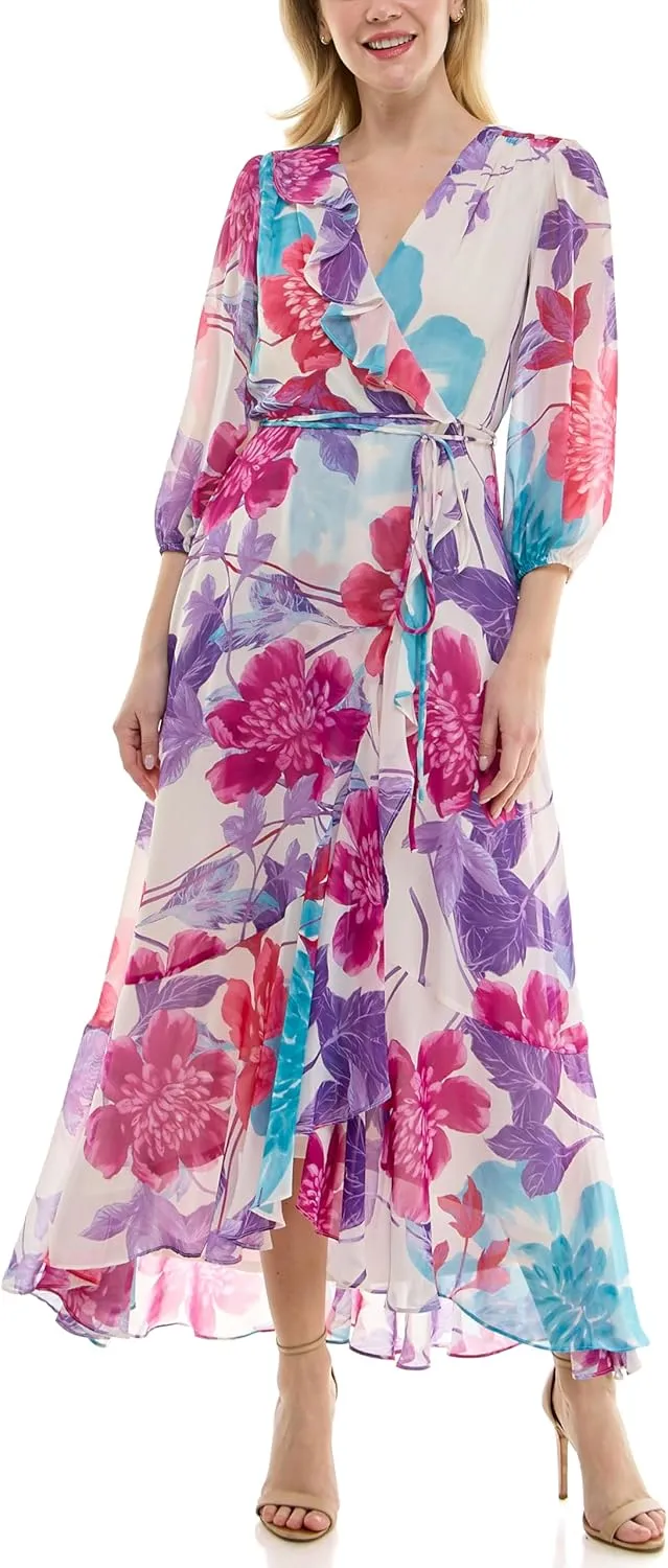 Women's V-Neck Ruffle Faux Wrap Maxi Dress