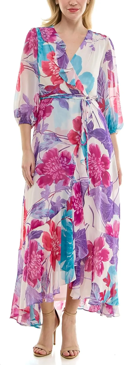 Women's V-Neck Ruffle Faux Wrap Maxi Dress