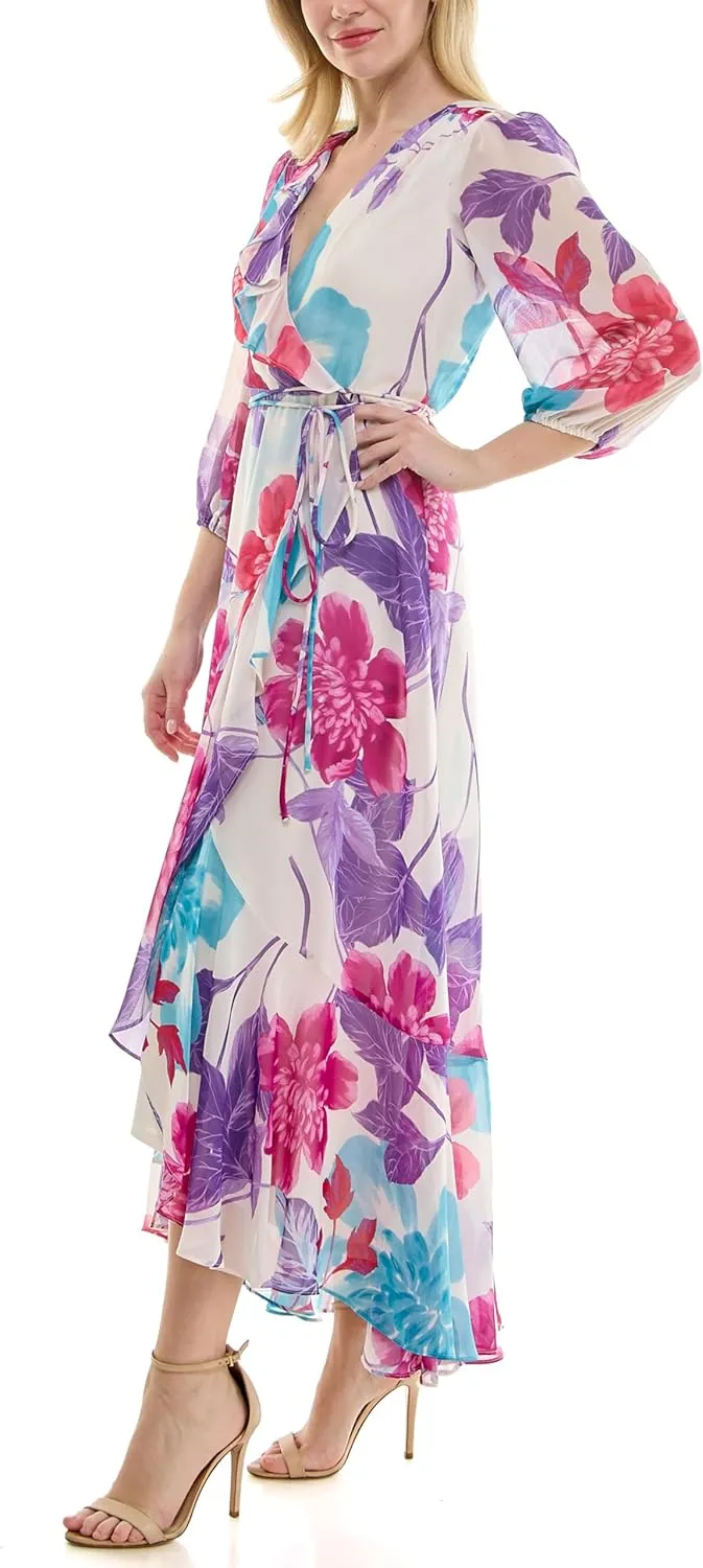 Women's V-Neck Ruffle Faux Wrap Maxi Dress