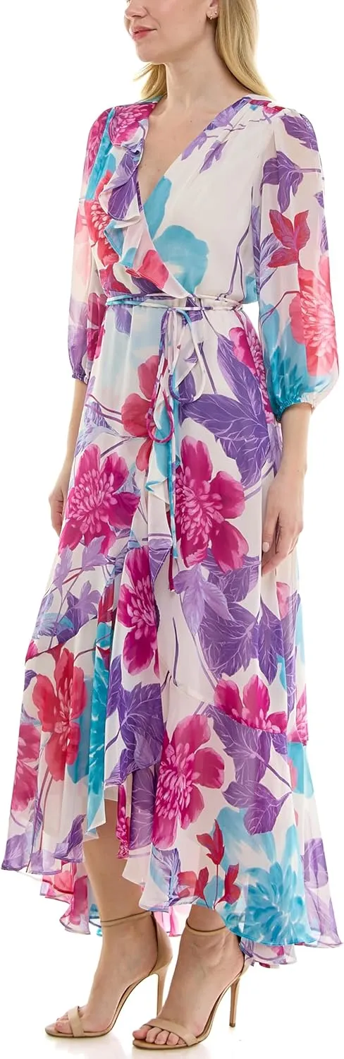 Women's V-Neck Ruffle Faux Wrap Maxi Dress