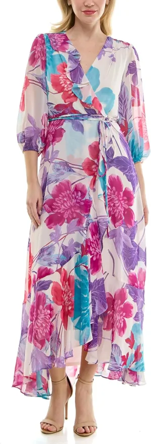 Women's V-Neck Ruffle Faux Wrap Maxi Dress