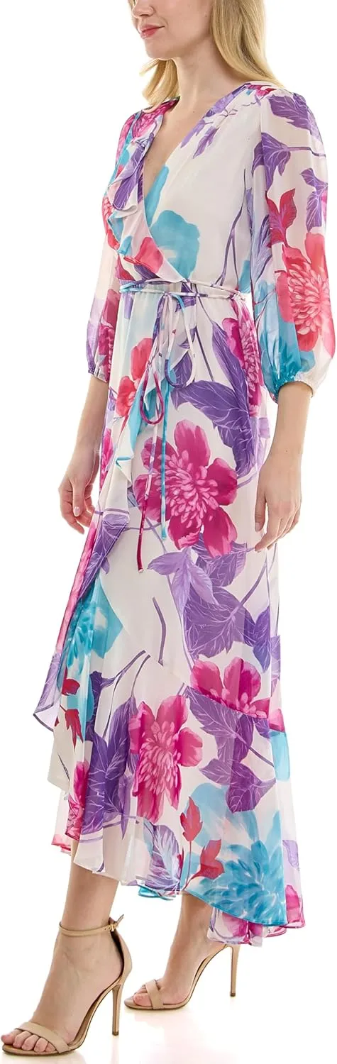 Women's V-Neck Ruffle Faux Wrap Maxi Dress