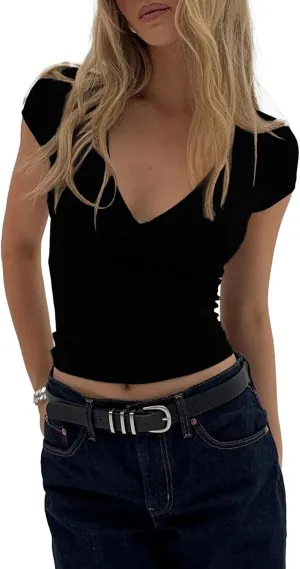 Women's V Neck Short Sleeves T Shirts Summer Basic Slim Fit Going Out Outfits Y2k Tees Tops