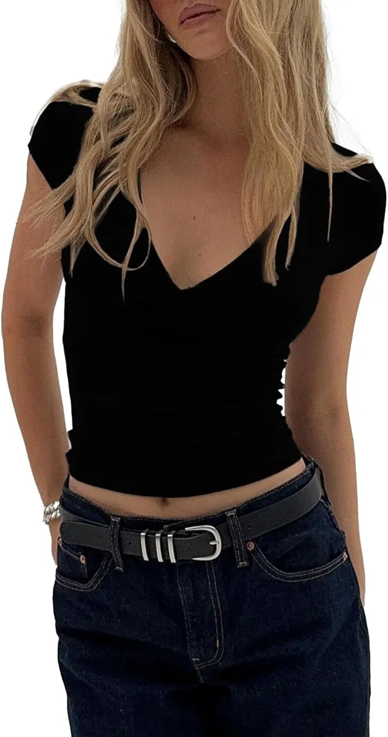 Women's V Neck Short Sleeves T Shirts Summer Basic Slim Fit Going Out Outfits Y2k Tees Tops
