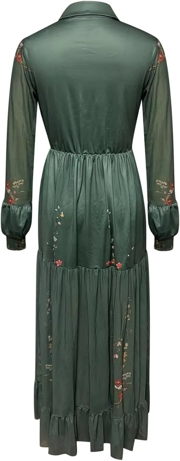 Women's Vintage Pastoral Flower Long Dress Sexy V-Neck Long Sleeve Chiffon Western Country Dresses Fall Sexy Maxi Dress