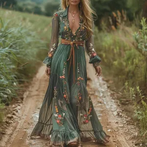 Women's Vintage Pastoral Flower Long Dress Sexy V-Neck Long Sleeve Chiffon Western Country Dresses Fall Sexy Maxi Dress