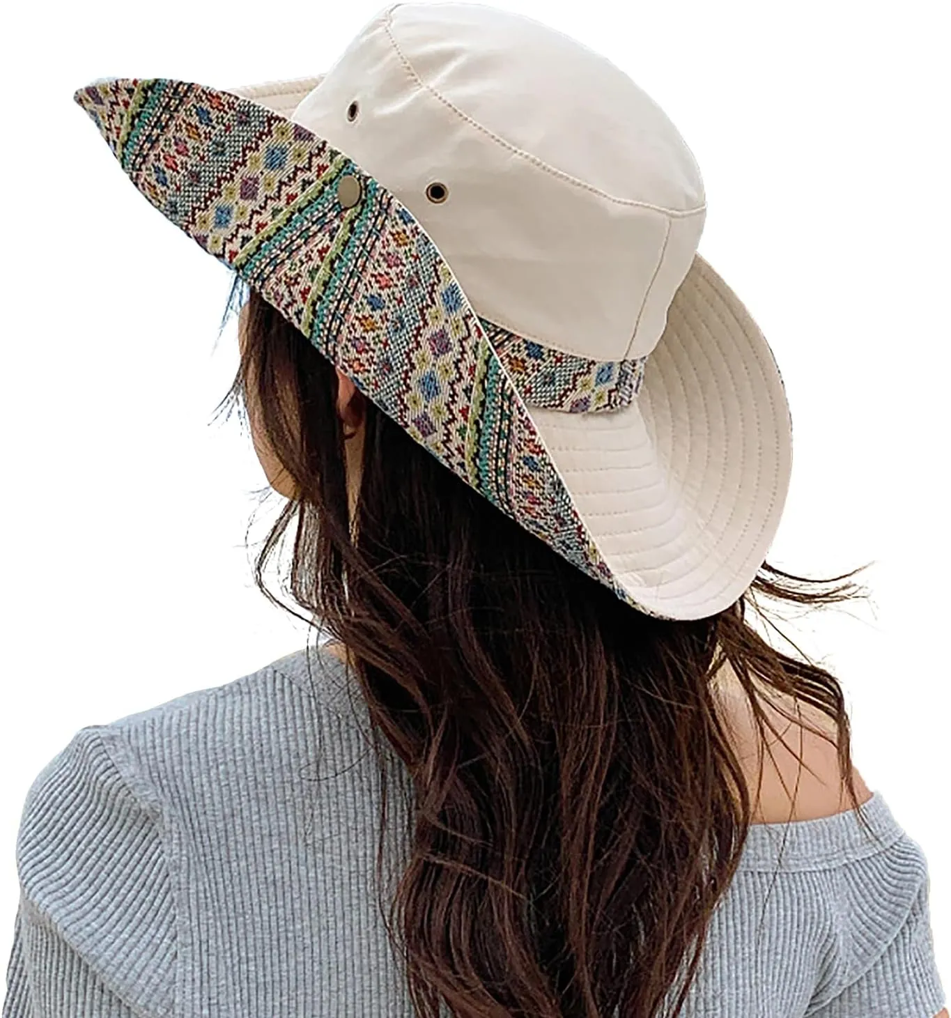 Womens Wide Brim Floral Summer Sun Hat UPF 50  Ethnic Style Foldable Floppy Sun Protection Travel Beach Bucket Hat