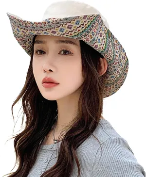 Womens Wide Brim Floral Summer Sun Hat UPF 50  Ethnic Style Foldable Floppy Sun Protection Travel Beach Bucket Hat