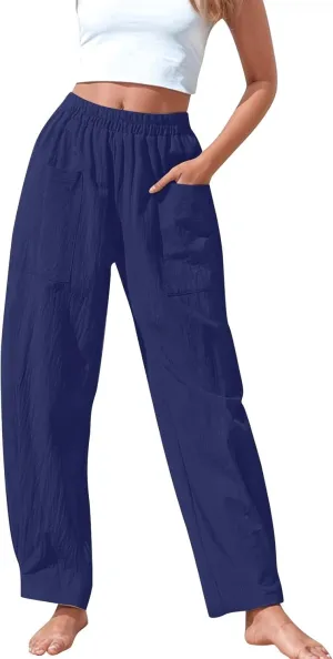 Womens Wide Leg Pants Button Linen Solid Color Business Casual Pants Trendy Elastic High Waisted Straight Leg Soft Trousers