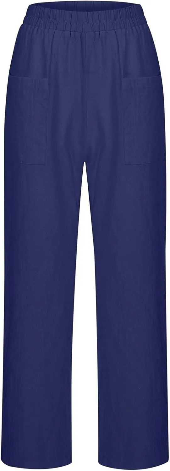 Womens Wide Leg Pants Button Linen Solid Color Business Casual Pants Trendy Elastic High Waisted Straight Leg Soft Trousers
