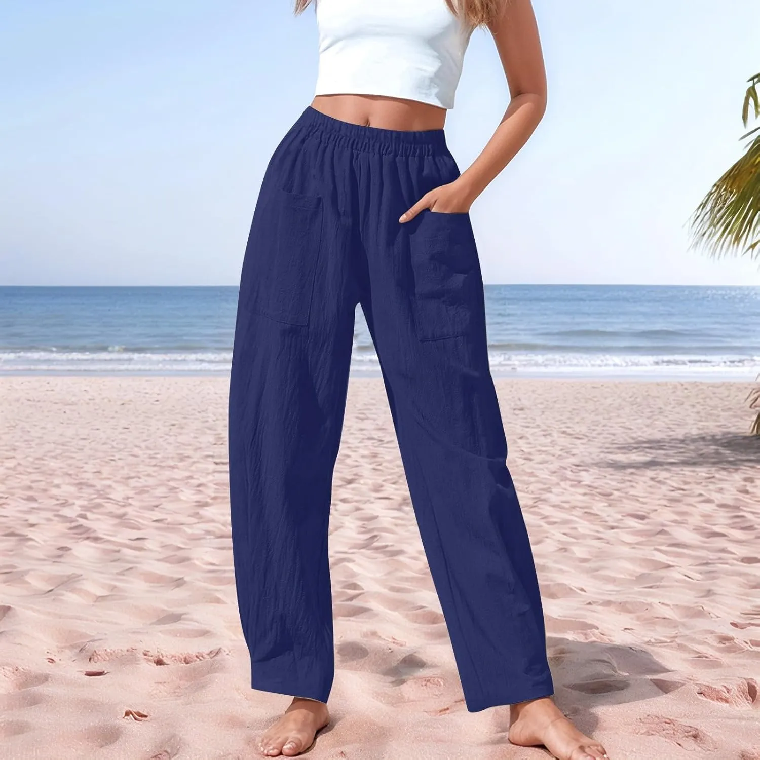 Womens Wide Leg Pants Button Linen Solid Color Business Casual Pants Trendy Elastic High Waisted Straight Leg Soft Trousers