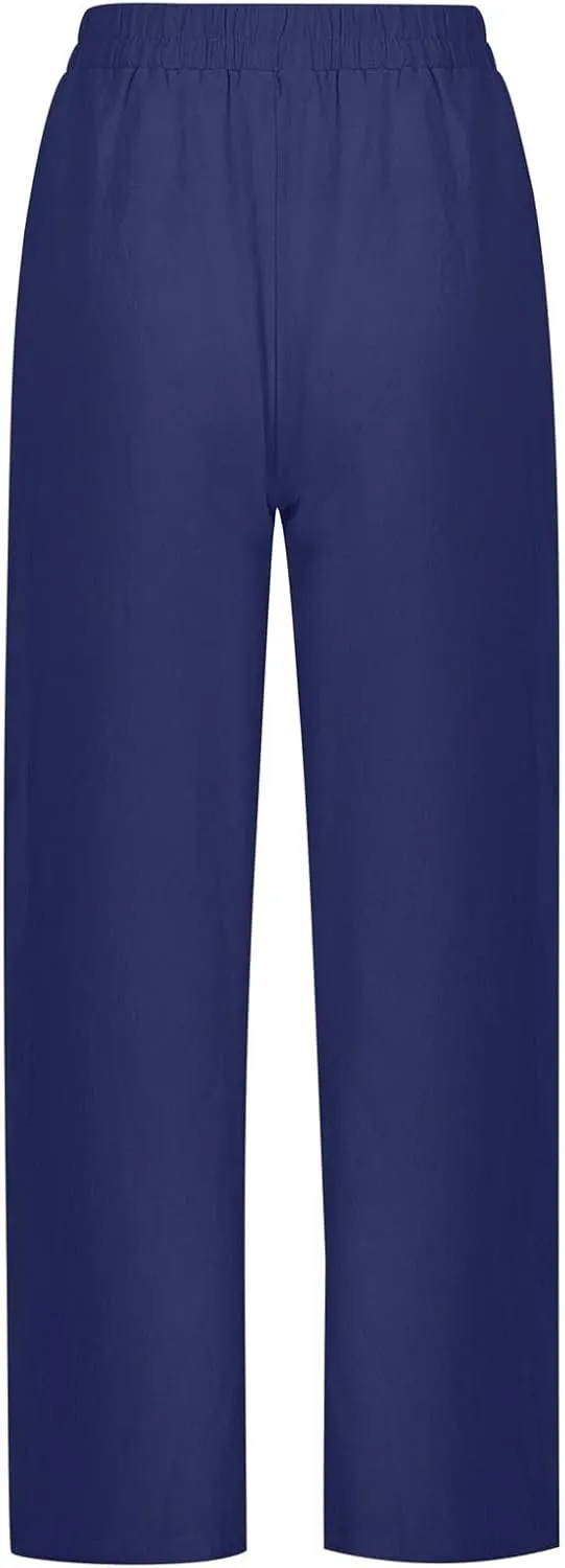 Womens Wide Leg Pants Button Linen Solid Color Business Casual Pants Trendy Elastic High Waisted Straight Leg Soft Trousers