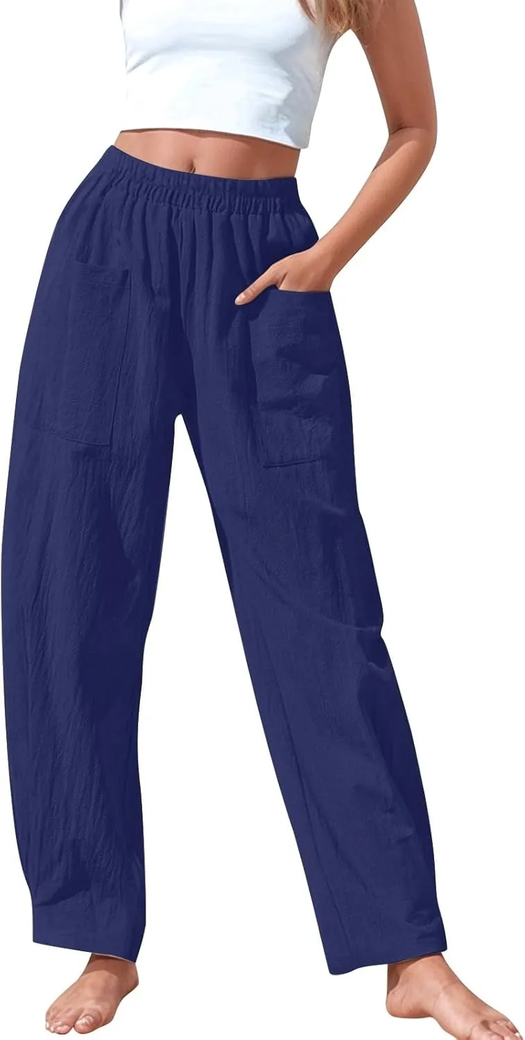Womens Wide Leg Pants Button Linen Solid Color Business Casual Pants Trendy Elastic High Waisted Straight Leg Soft Trousers