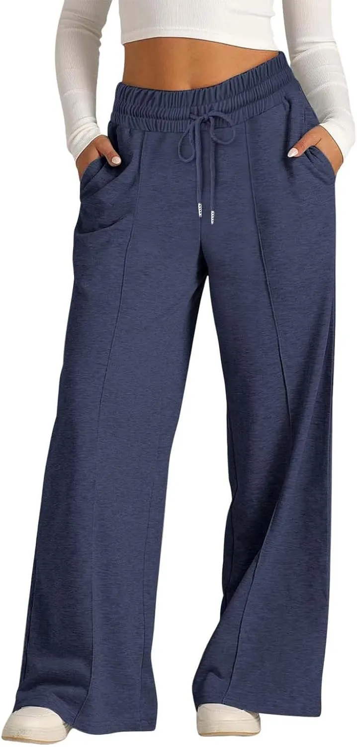 Women's Wide Leg Sweatpants Casual Solid High Waisted Straight Leg Pants Workout Lounge Joggers Outfits with Pockets