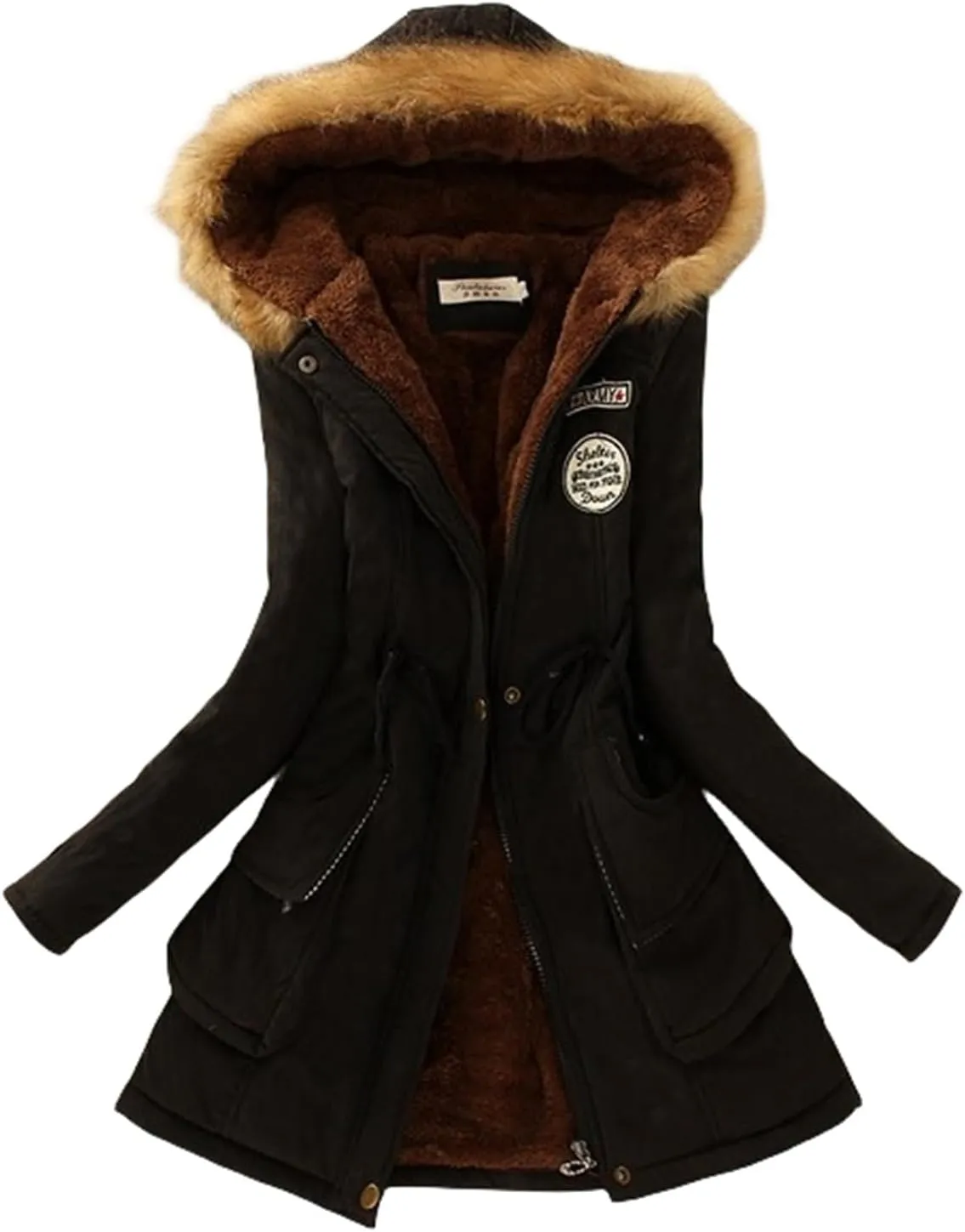 Women's Winter Coat Casual Fleece Parka Zip Up Hooded Jacket Lamb Wool Coat Mid Length Sherpa Outwear with Pocket