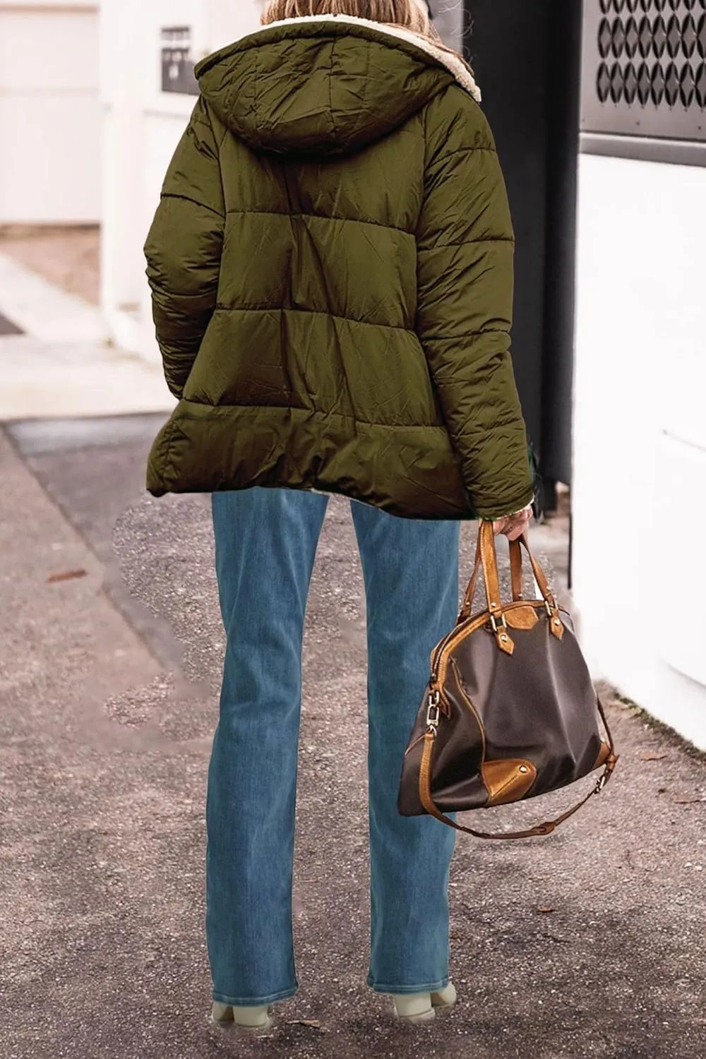 Womens Winter Coats Reversible Puffer Jacket Sherpa Fleece Zip Hoodie Warm Down Coat Oversized Trendy Outerwear Pocket