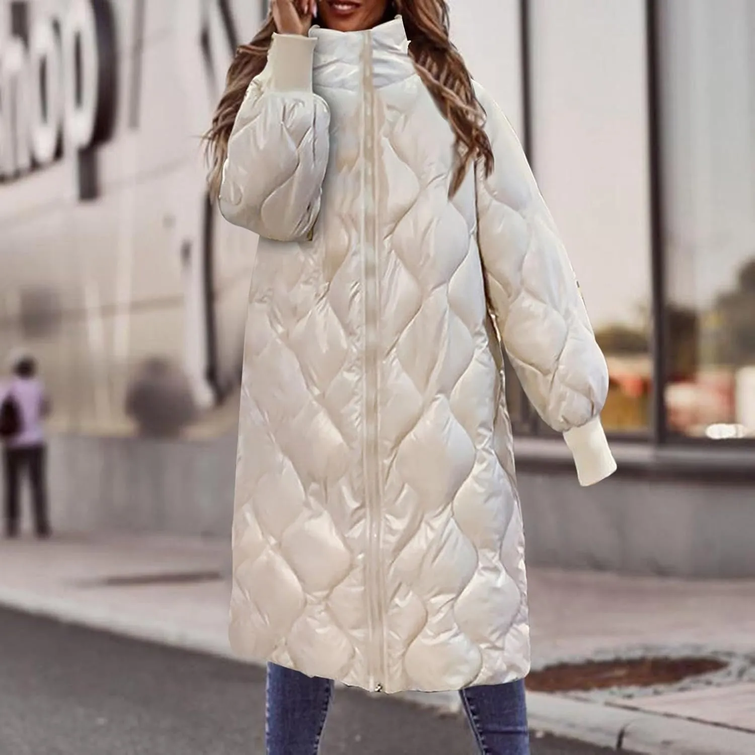 Women's Winter Glossy Down Jacket Ultralight Long Down Outerwear Puffer Jacket Hooded Coat Full-Zip Full Zipper Parka