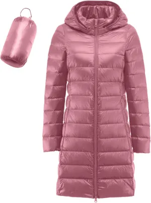 Women's Winter Packable Glossy Down Jacket Ultralight Long Down Outerwear Puffer Jacket Hooded Coat Full Zipper Parka
