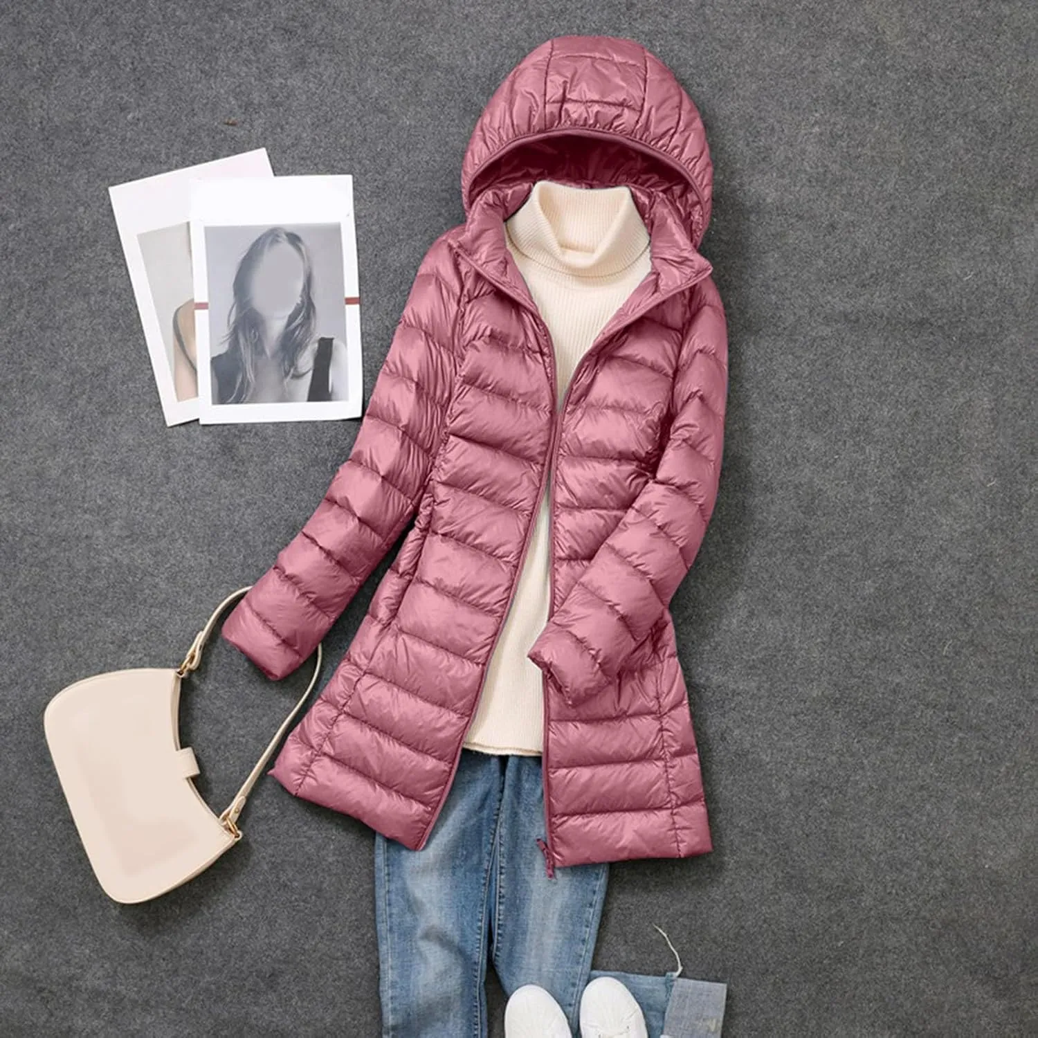 Women's Winter Packable Glossy Down Jacket Ultralight Long Down Outerwear Puffer Jacket Hooded Coat Full Zipper Parka