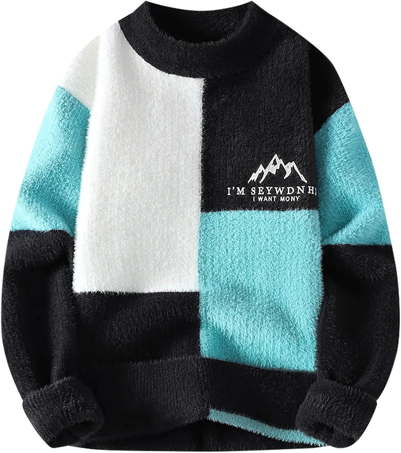 Women's Winter Warm Sweater Color Block Round Neck Pullover Tops Fashion Printed Long Sleeve Sweater Shirts