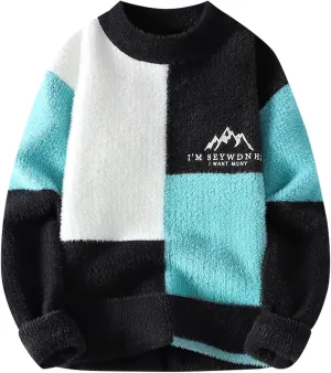 Women's Winter Warm Sweater Color Block Round Neck Pullover Tops Fashion Printed Long Sleeve Sweater Shirts