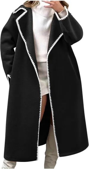 Women's Wool Blend Long Cardigan Windbreaker Reversible Long Sleeve Lapel Pea Coat Overcoat Loose Casual Trench Coat