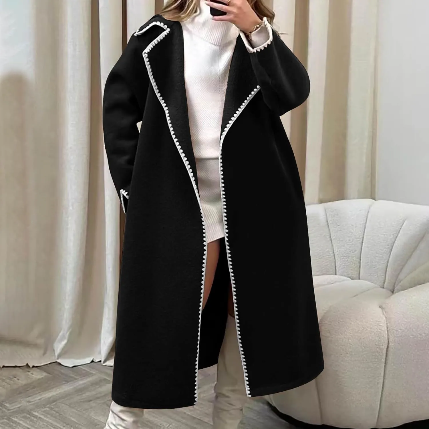 Women's Wool Blend Long Cardigan Windbreaker Reversible Long Sleeve Lapel Pea Coat Overcoat Loose Casual Trench Coat