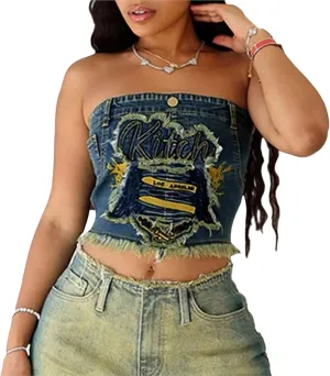 Women's Y2K Denim Corset Top, Strapless Button Up Crop Tube Top, Embroidered