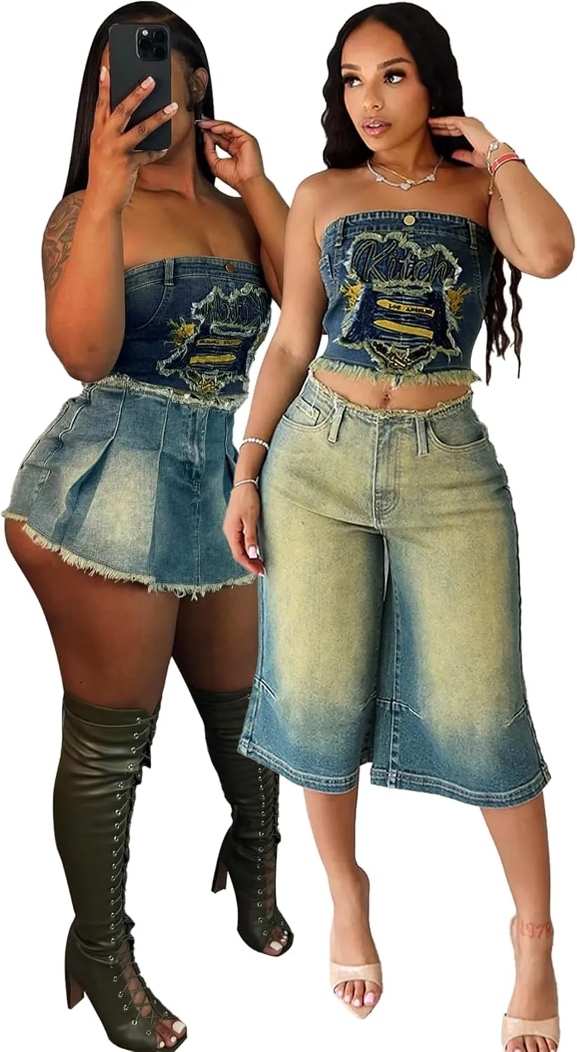 Women's Y2K Denim Corset Top, Strapless Button Up Crop Tube Top, Embroidered