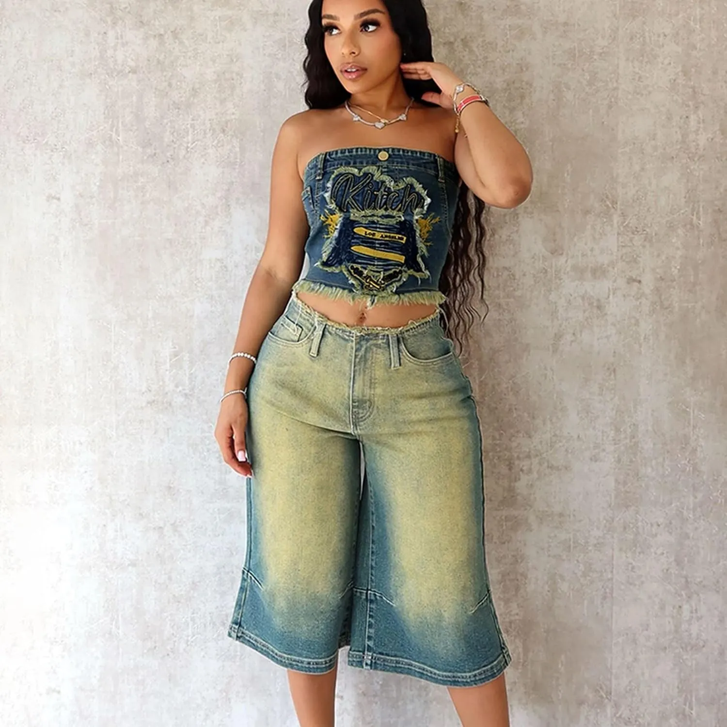 Women's Y2K Denim Corset Top, Strapless Button Up Crop Tube Top, Embroidered