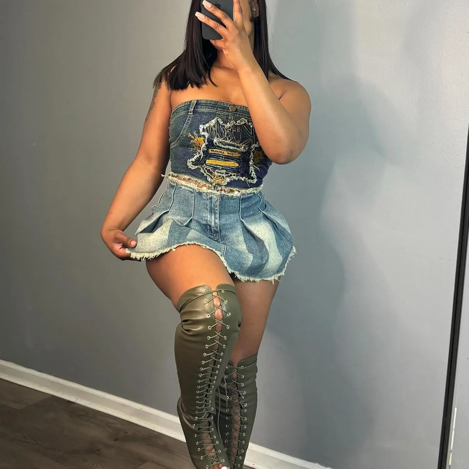 Women's Y2K Denim Corset Top, Strapless Button Up Crop Tube Top, Embroidered