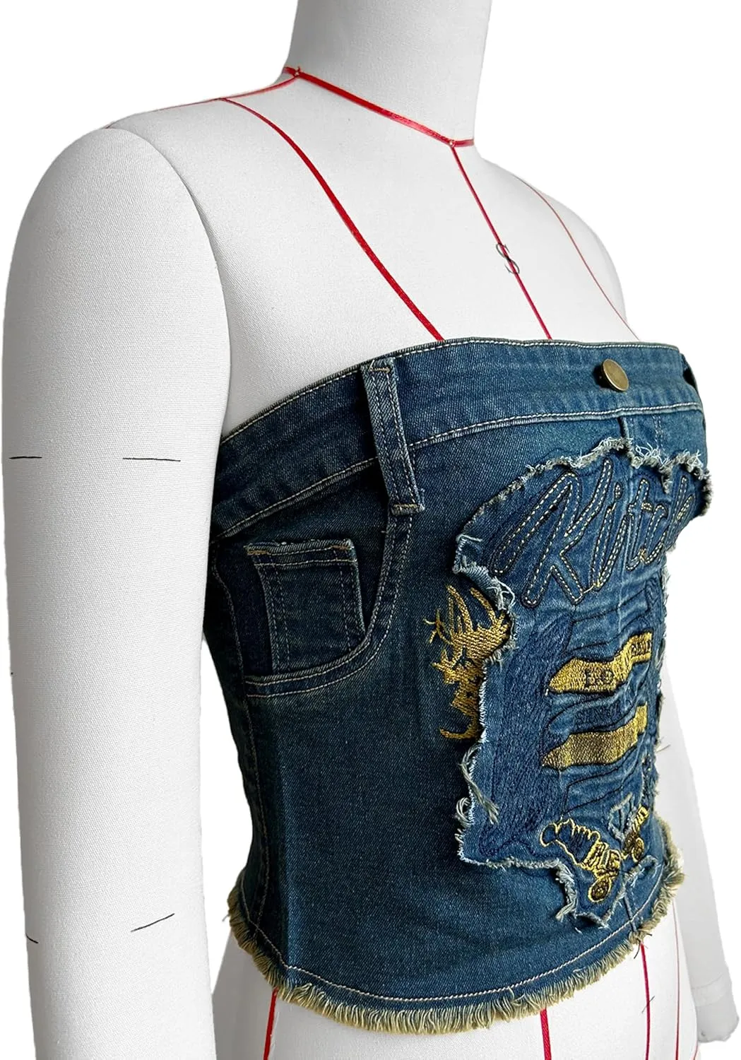 Women's Y2K Denim Corset Top, Strapless Button Up Crop Tube Top, Embroidered
