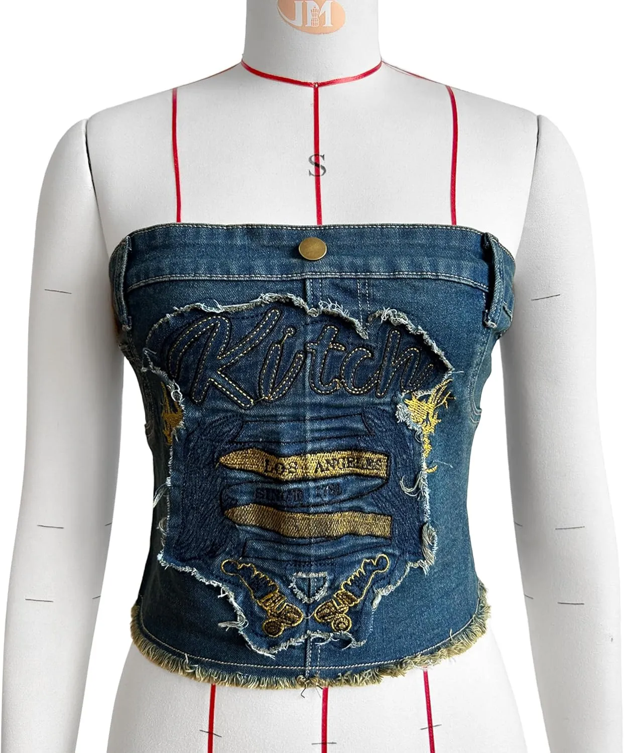 Women's Y2K Denim Corset Top, Strapless Button Up Crop Tube Top, Embroidered