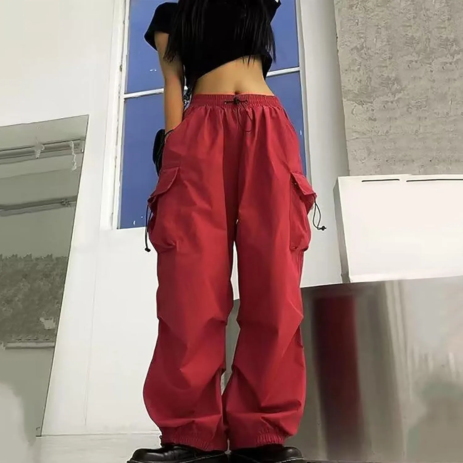 Women's Y2K High Rise Cargo Pants Baggy Straight Leg Streetwear Casual Trousers Drawstring Ruched Jogger Pants