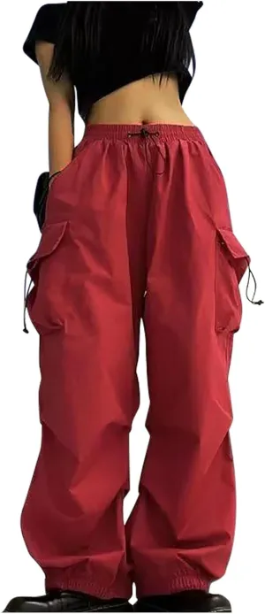 Women's Y2K High Rise Cargo Pants Baggy Straight Leg Streetwear Casual Trousers Drawstring Ruched Jogger Pants