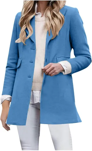 Wool Coats for Women Lapel Button Down Dressy Office Suit Jacket Slim Fit Long Sleeve Fall Winter Peacoat with Pockets