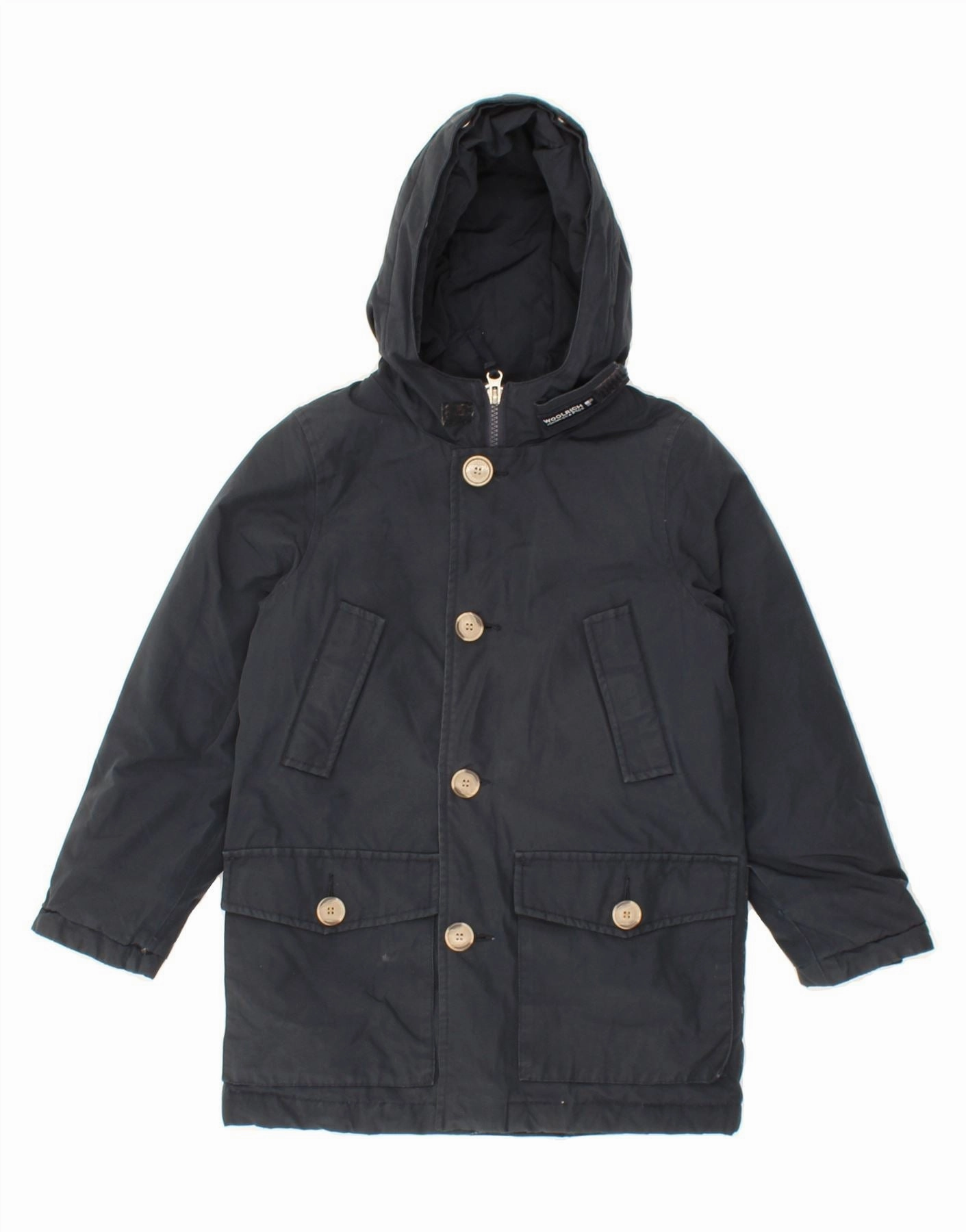 WOOLRICH Boys Hooded Overcoat 5-6 Years Navy Blue Cotton subtle style