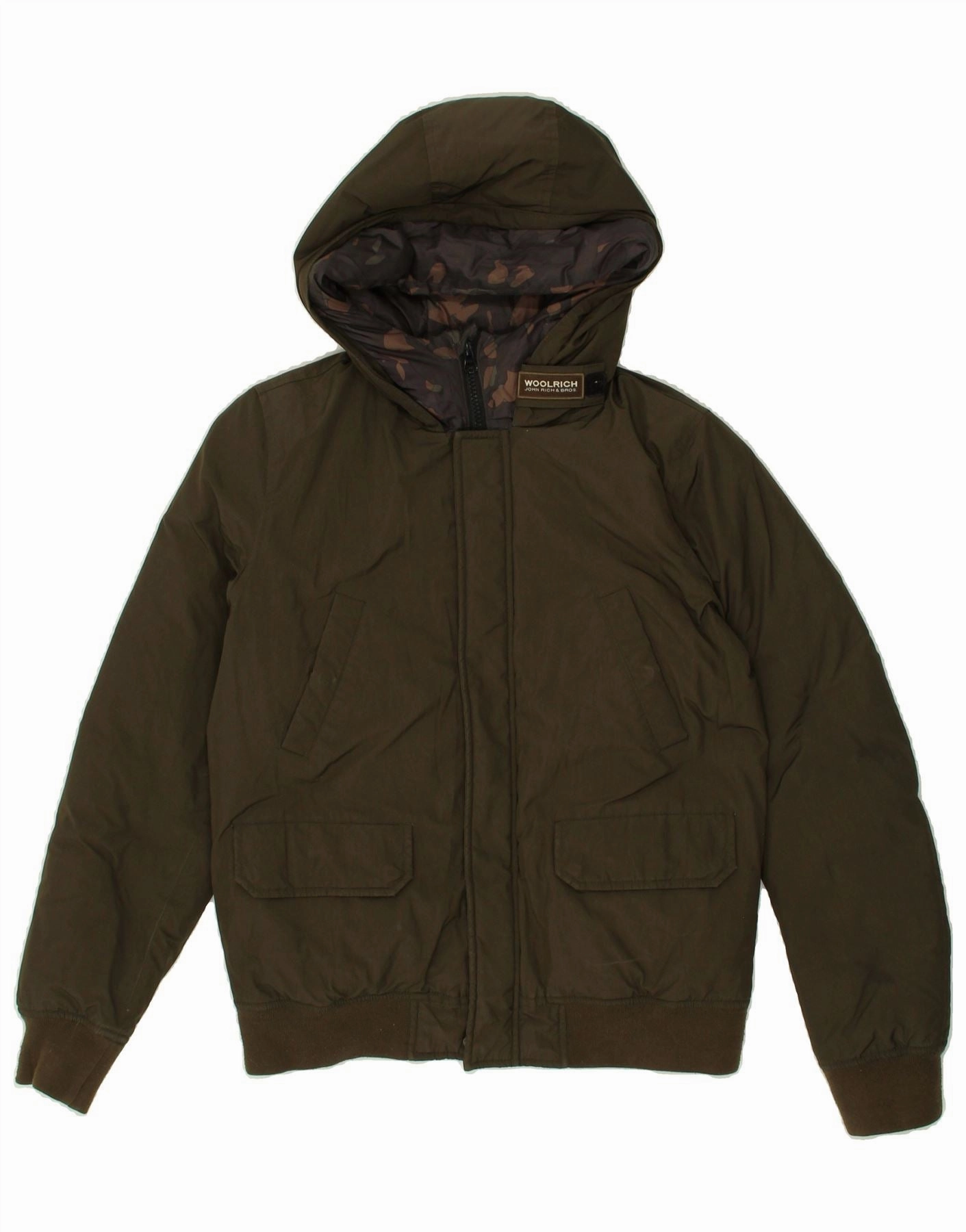 WOOLRICH Boys Hooded Padded Jacket 11-12 Years Khaki Polyester Graphic suitable for birthdays