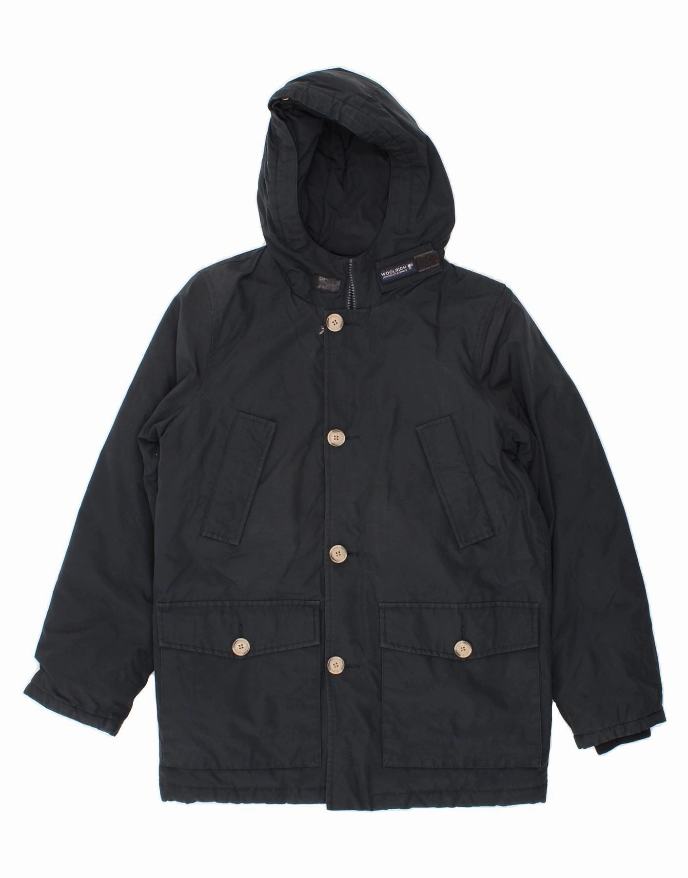 WOOLRICH Boys Hooded Padded Jacket 11-12 Years Navy Blue Cotton Sporty Design Linen