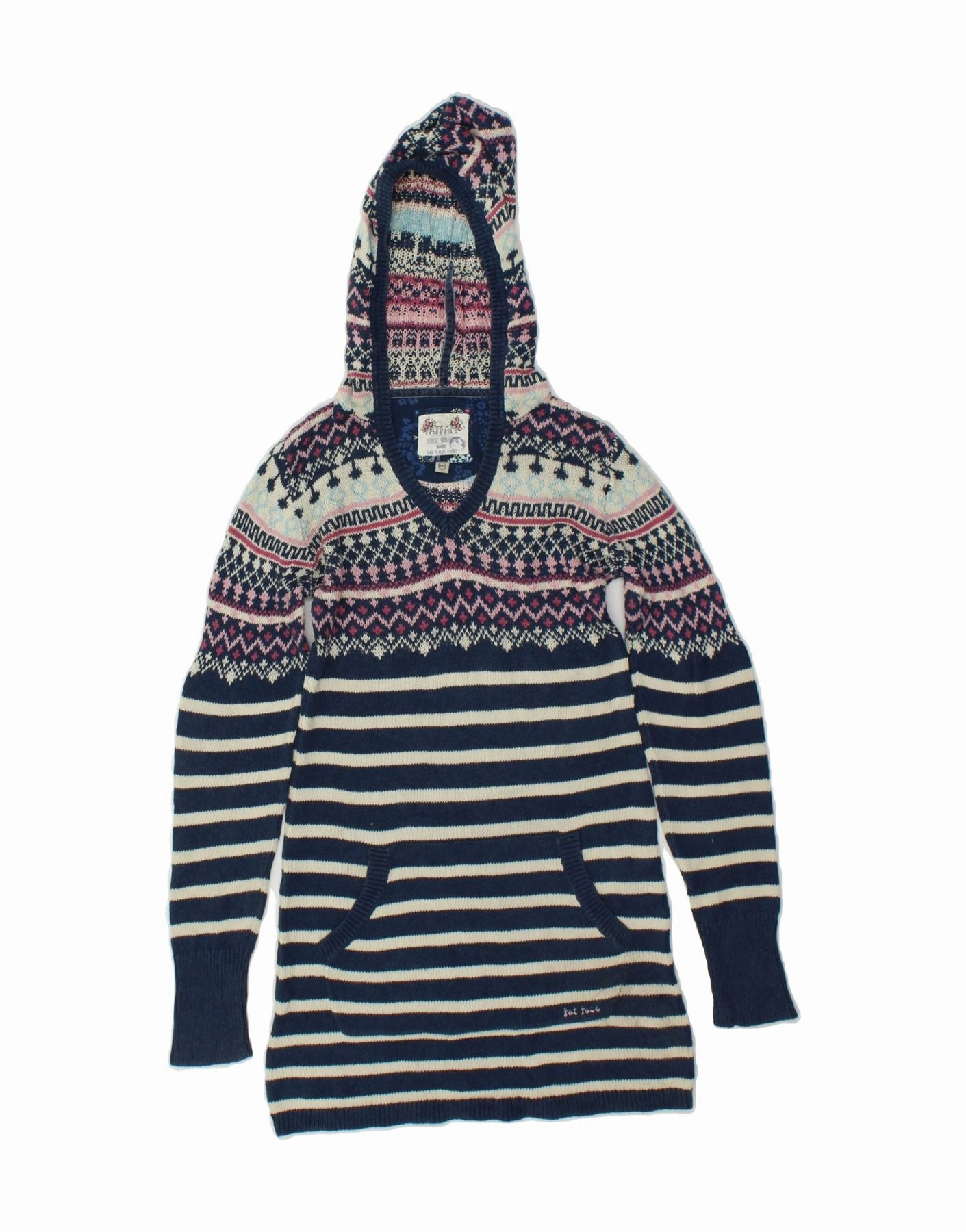 FAT FACE Girls Hooded Jumper Dress 10-11 Years Navy Blue Fair Isle Fashion Layers Runway-Ready