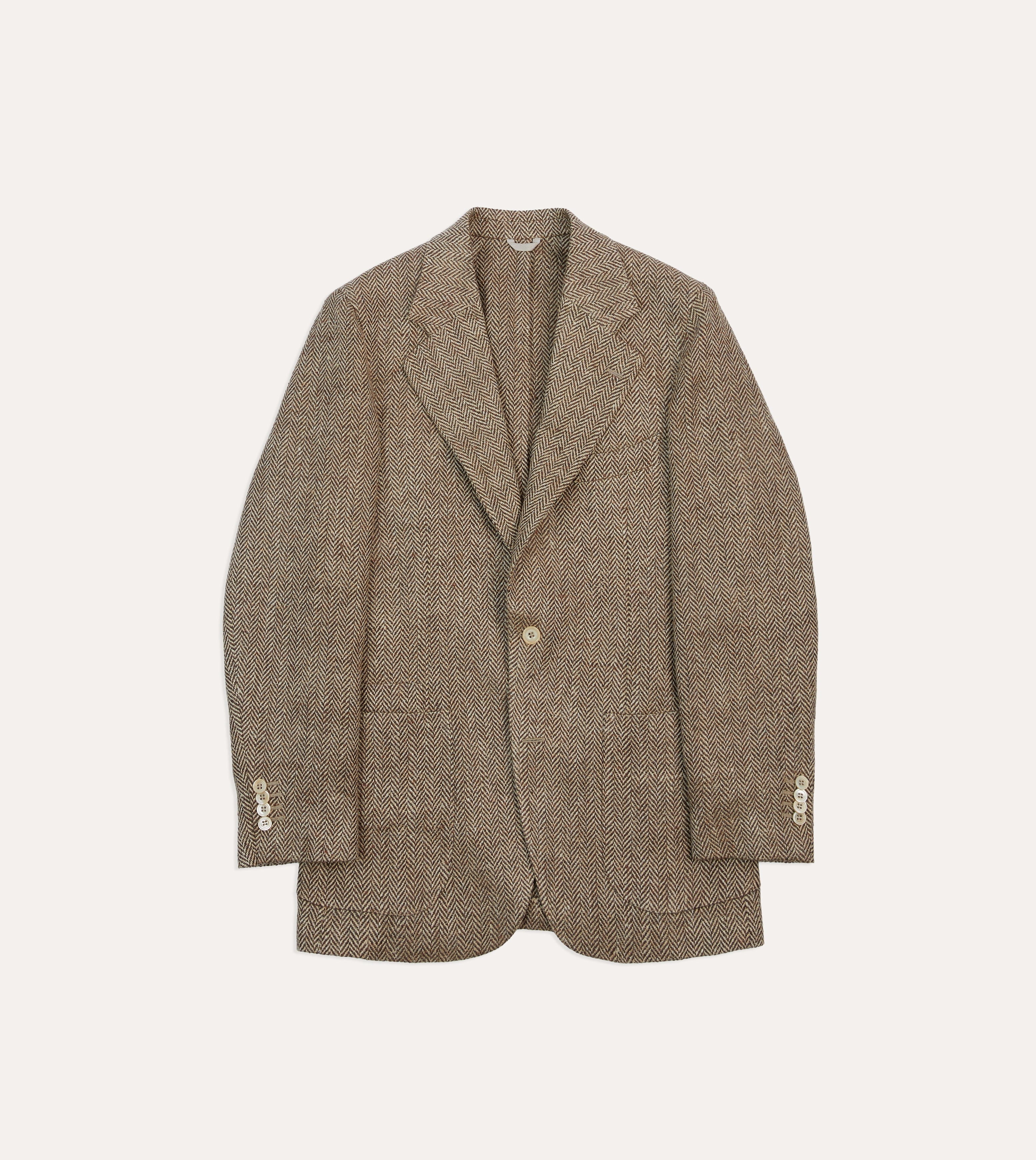 Brown Herringbone Linen-Silk Blazer Classic Design Wear