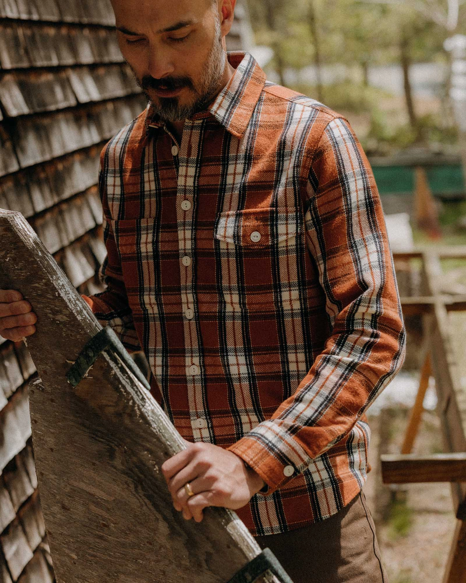 Multi Pocket Utility Holiday Travel The Crater Shirt in Brick Plaid