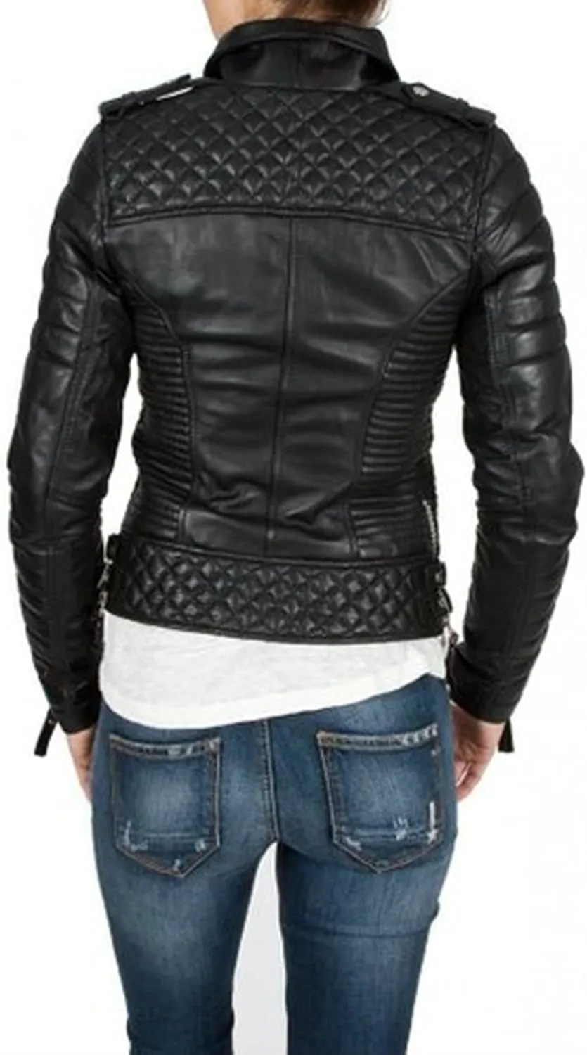 World of Leather Women's Moto Leather Jacket Biker Quilted Pattern