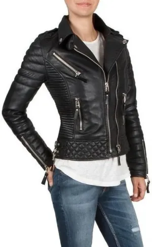 World of Leather Women's Moto Leather Jacket Biker Quilted Pattern