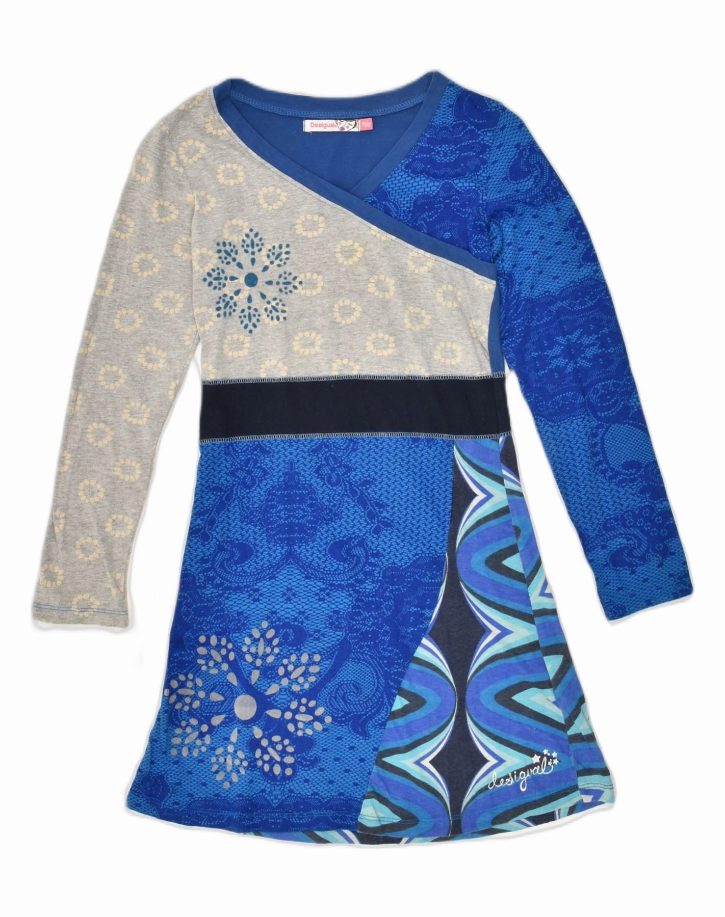 DESIGUAL Girls A-Line Dress 11-12 Years Blue Patchwork Cotton Bless Touch