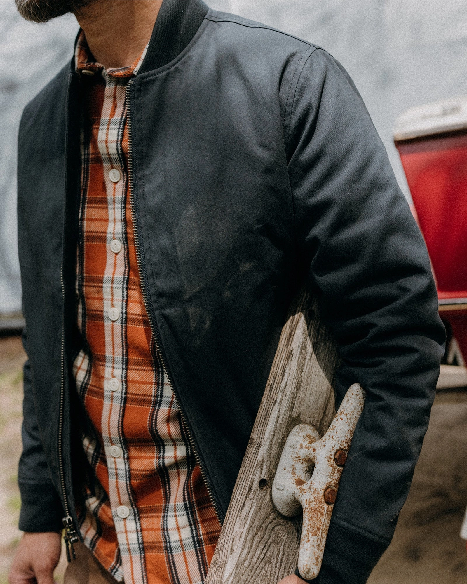 The Insulated Bomber Jacket in Dark Navy Dry Wax adults' LaserCut Ventilation Zones